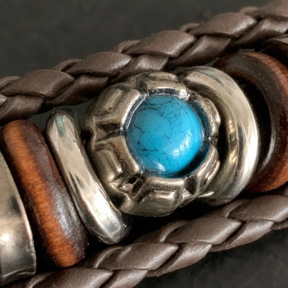 Brown Ibiza Vegan Leather Multi-Strand Cuff Bracelet Turquoise Accent